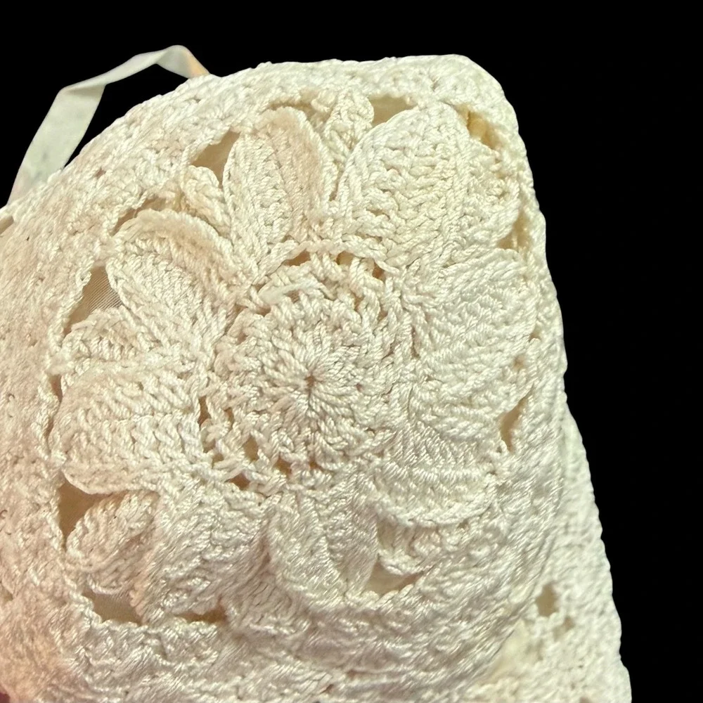 Antique Victorian Edwardian Irish Crochet Baby Bonnet Silk Lining & Rosette 1900